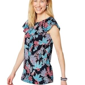 J Jill Love Linen Blue Floral Off the Shoulder Linen Blouse Size Small